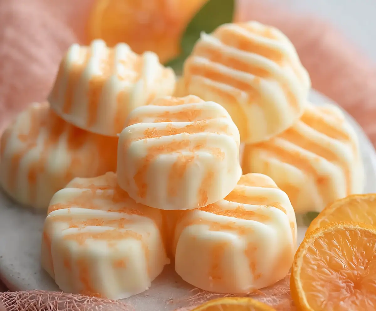 Sweet Orange Cream Cheese Mints on a decorative serving plate with vibrant orange zest garnish.