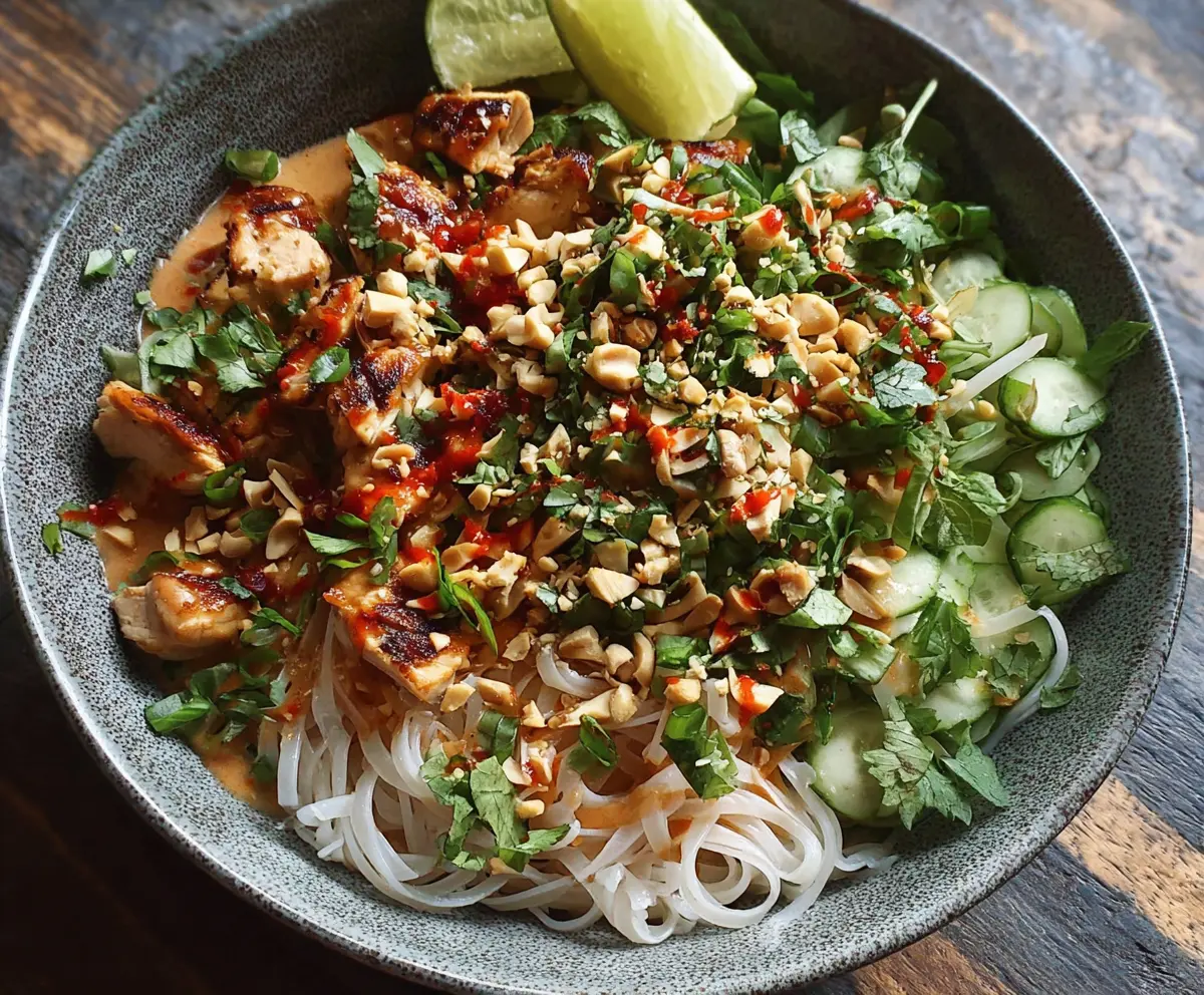 Delicious Thai Peanut Chicken Noodle Bowls garnished with fresh herbs and vegetables