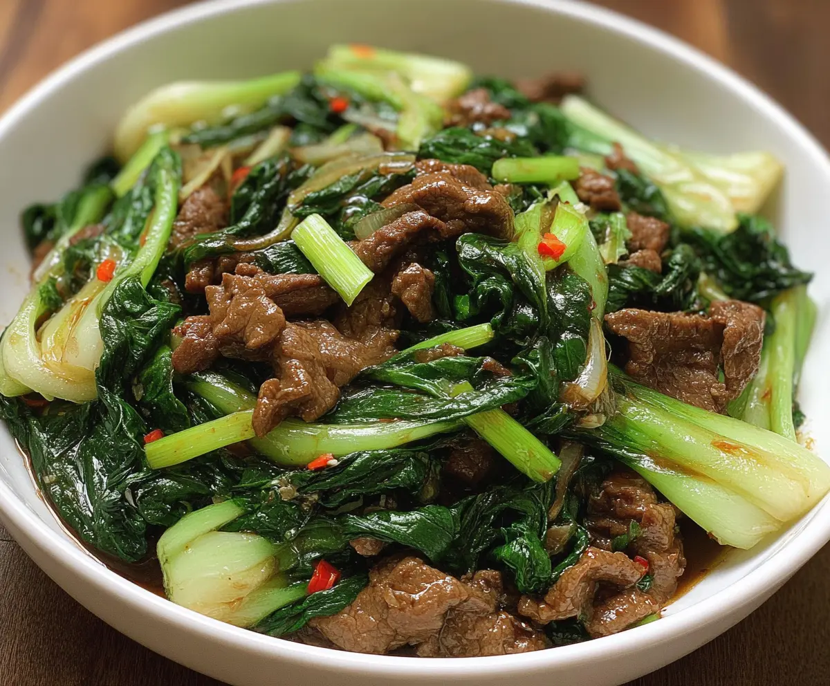 Delicious bok choy stir-fried beef dish with vibrant vegetables and tender beef slices.