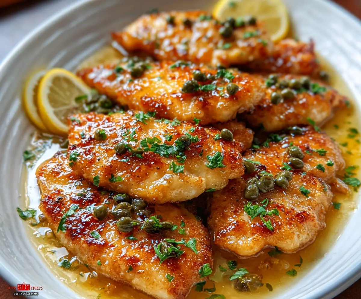 Delicious chicken scallopini garnished with herbs on a white plate.