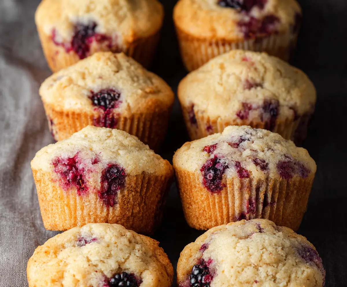 Delicious homemade blackberry muffins fresh out of the oven, showcasing ripe blackberries in fluffy batter.