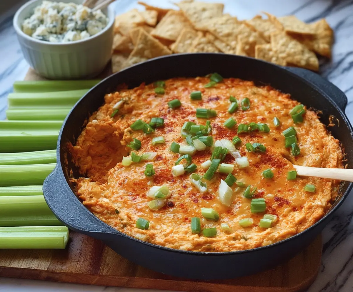 Creamy buffalo cauliflower dip served with fresh vegetable sticks for a spicy appetizer.