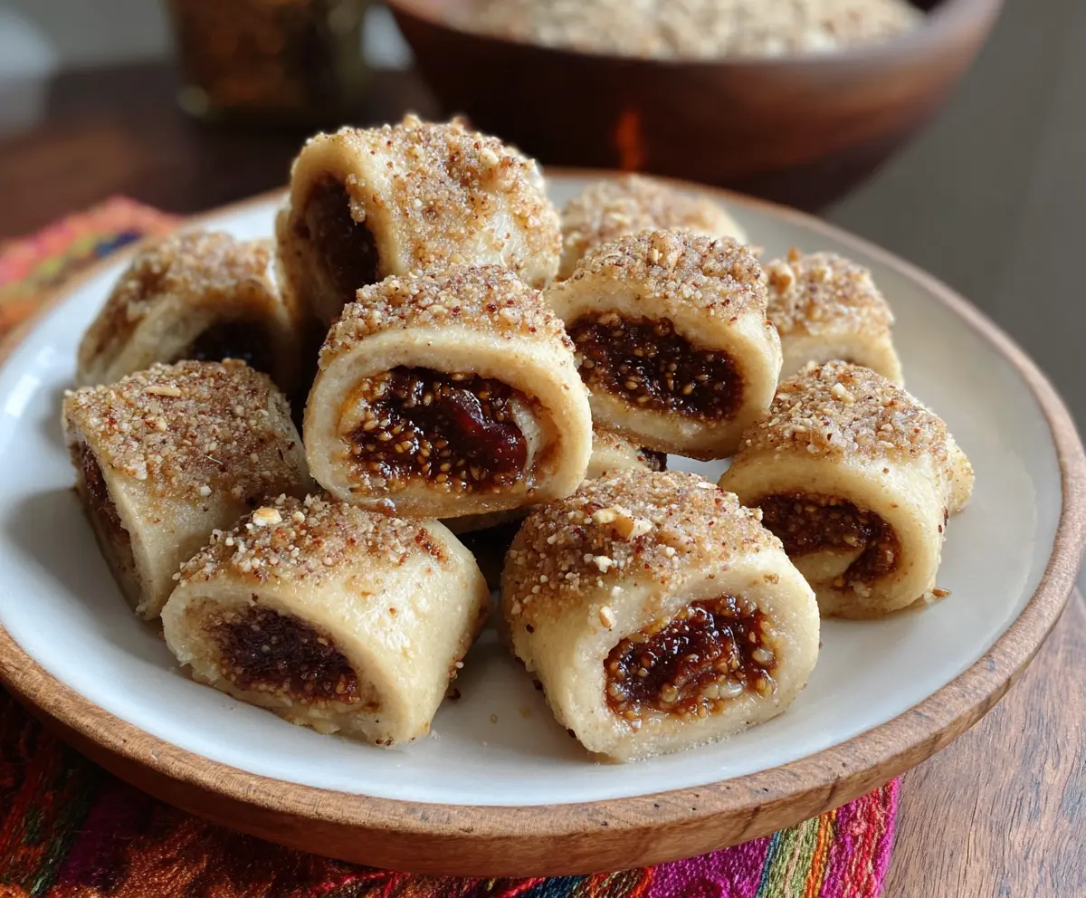 Delicious cashew fig rolls with a golden crust and sweet fig filling on a rustic wooden surface.