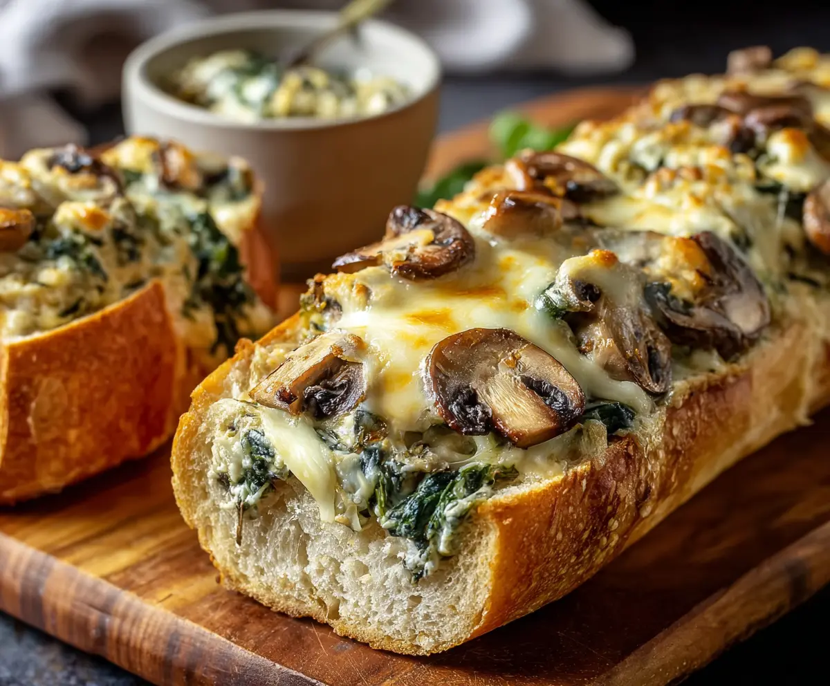 Cheesy Spinach Artichoke & Mushroom Stuffed Baguette