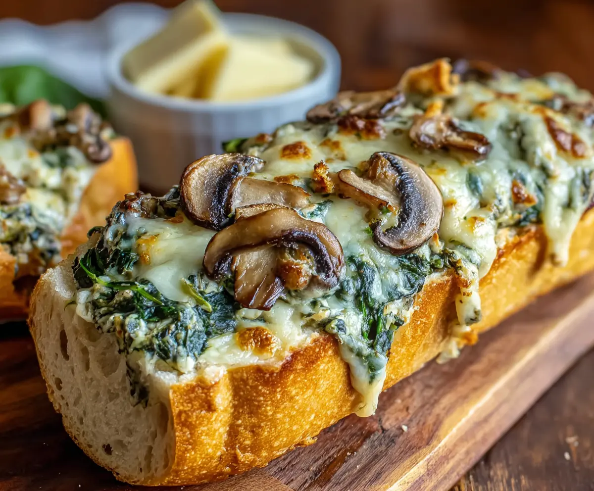 Delicious cheesy spinach, artichoke, and mushroom stuffed baguette, perfect for appetizer or snack.