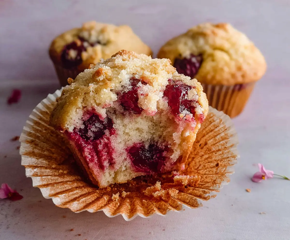 Fresh cherry muffins on a baking sheet, ready to enjoy, with vibrant red cherries and golden tops.