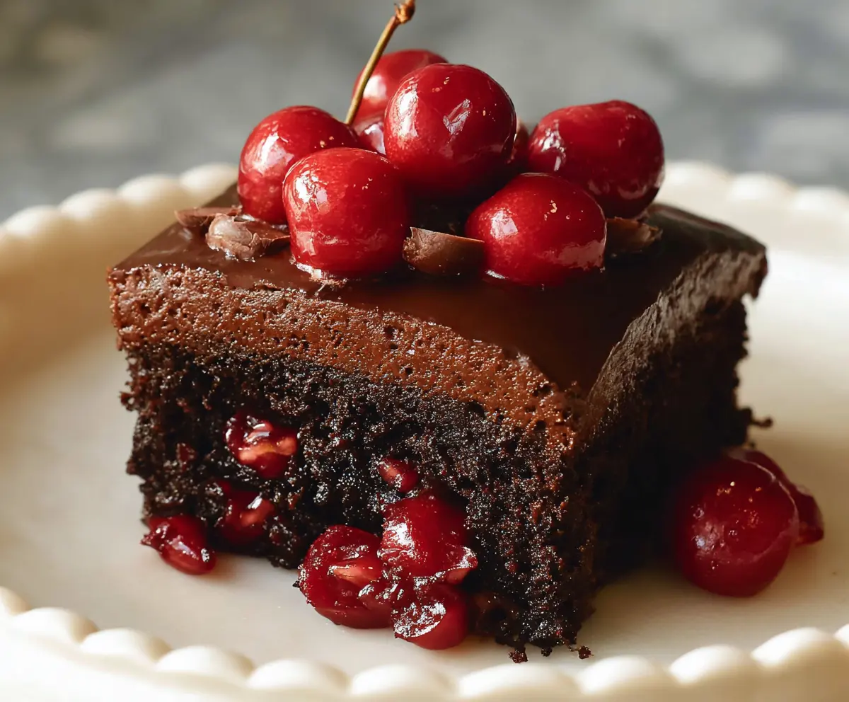 Delicious homemade chocolate cherry cake with rich frosting and fresh cherries on top.