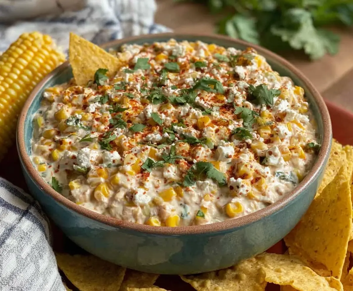 Creamy chipotle corn dip served in a bowl with fresh herbs, perfect for parties.