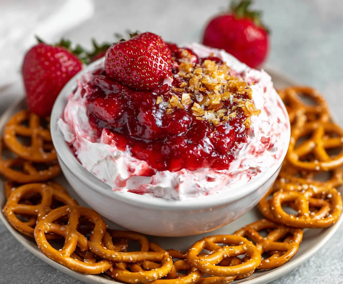 Creamy Easy Strawberry Pretzel Salad Dip with fresh strawberries and crispy pretzels in a bowl.