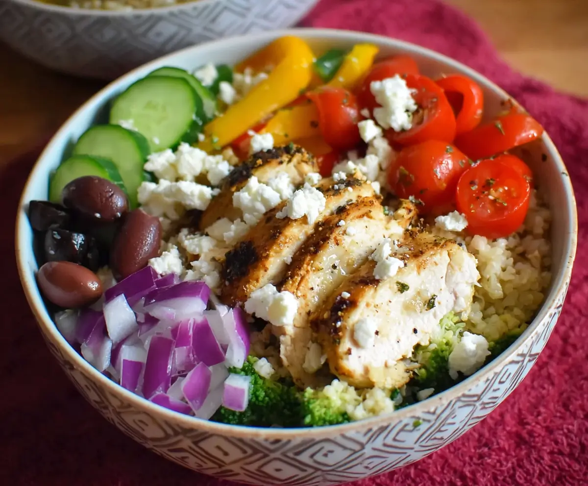 Delicious Greek Chicken Bowls with fresh vegetables and flavorful herbs on a white plate.