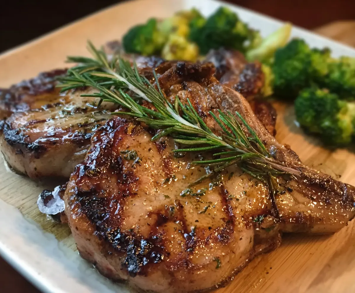Juicy grilled rosemary pork chops served on a plate with herbs and lemon slices