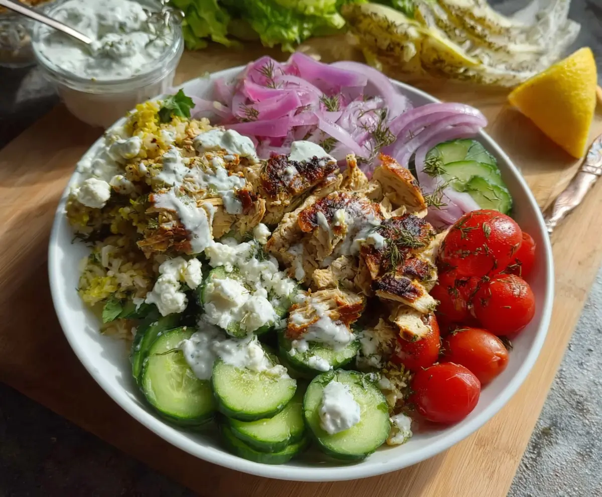 Healthy Chicken Shawarma Bowls with fresh vegetables and herbs on a clean white plate.
