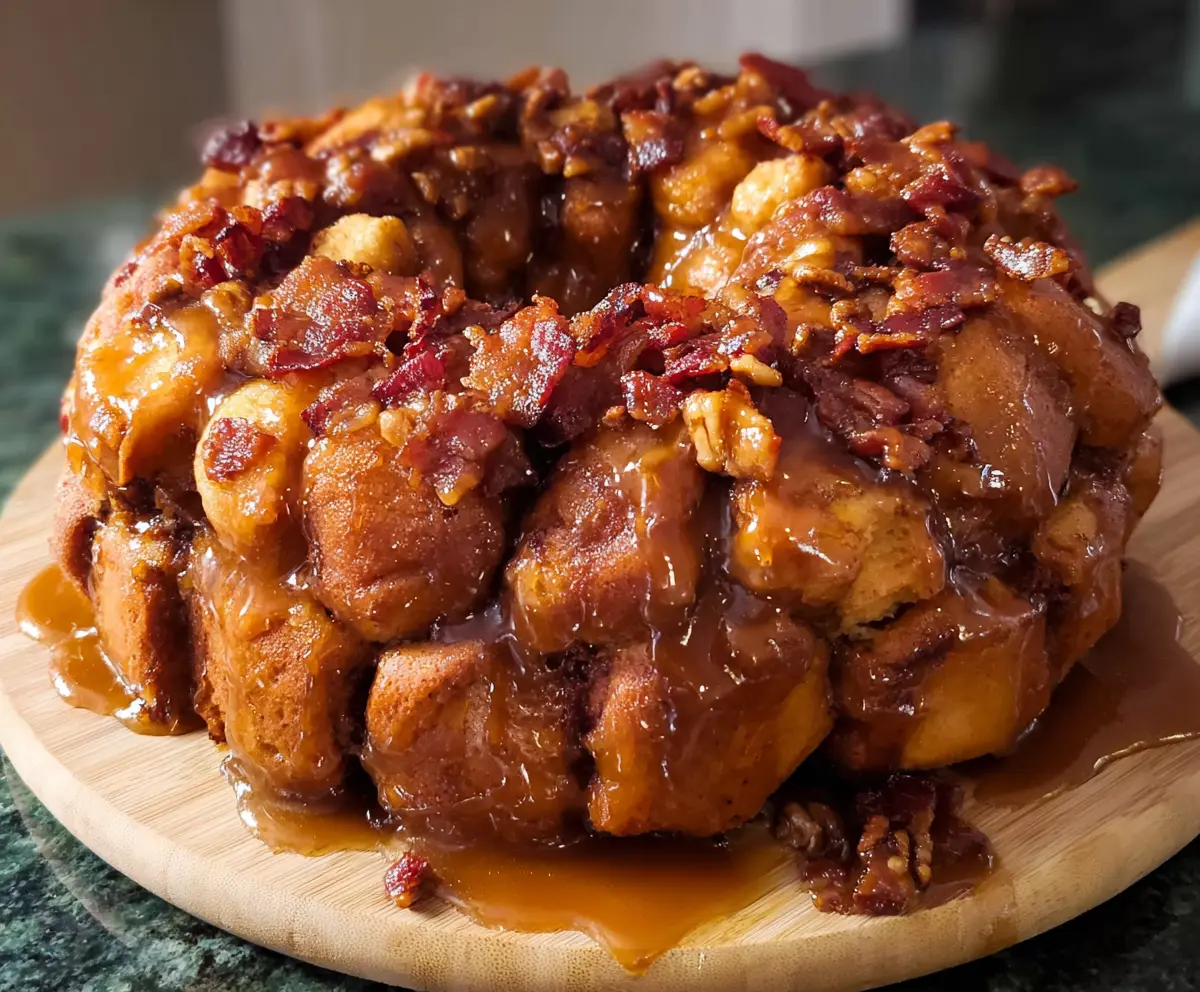 Delicious Maple Bacon Monkey Bread topped with crispy bacon and drizzled with maple syrup.
