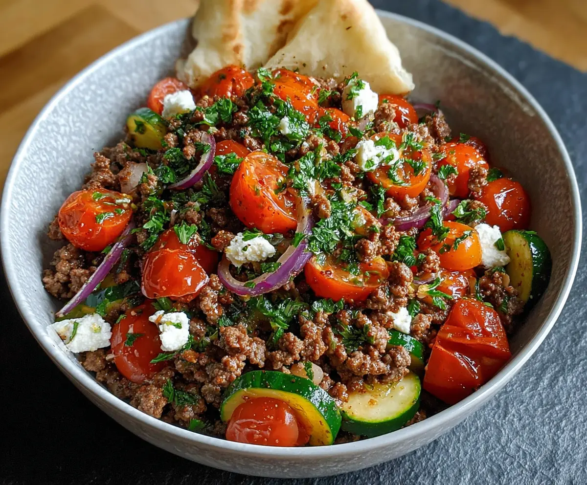Delicious Mediterranean ground beef stir-fry with fresh vegetables and herbs on a white plate.