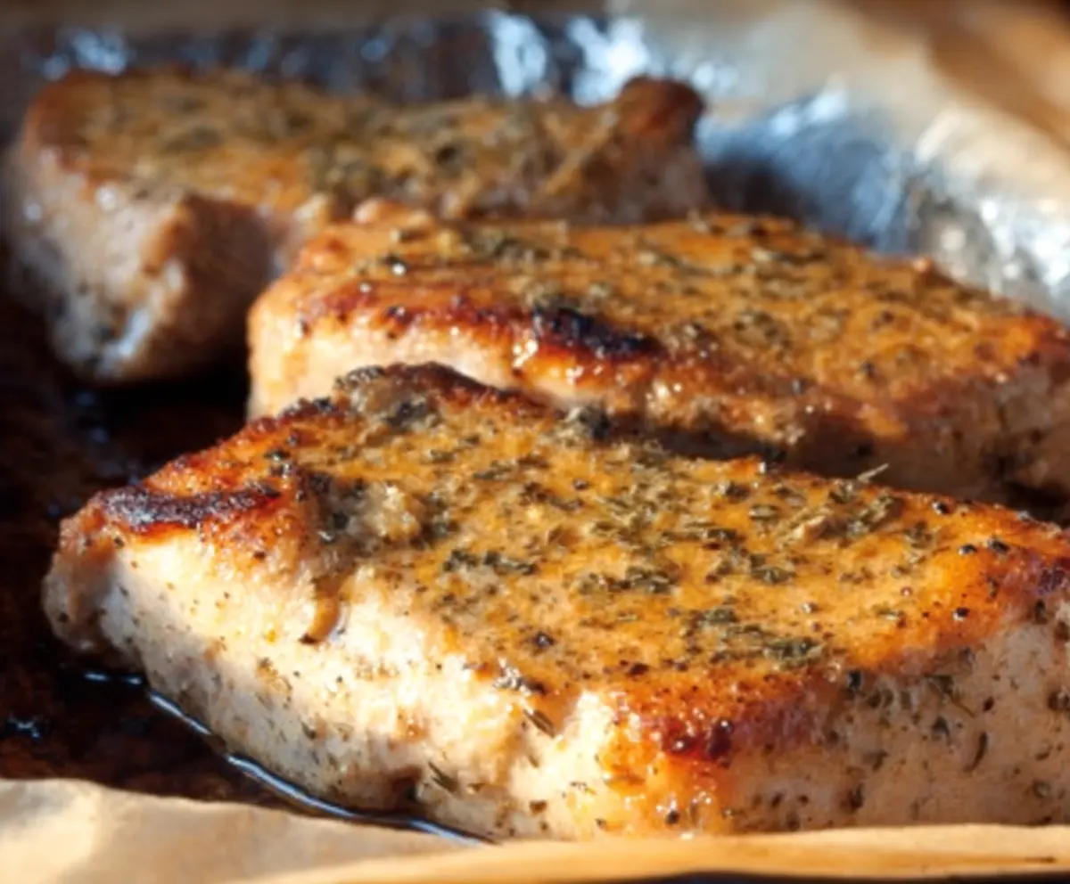 Delicious oven baked ranch pork chops plated with fresh herbs