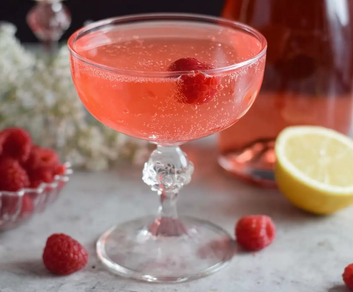 Elegant Pink Champagne Cocktail with a sugared rim and a cherry garnish on a fancy glass.