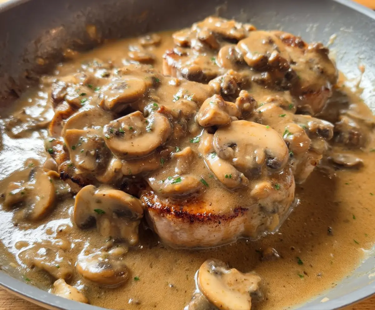 Juicy pork chops topped with rich mushroom and shallot gravy on a rustic plate.
