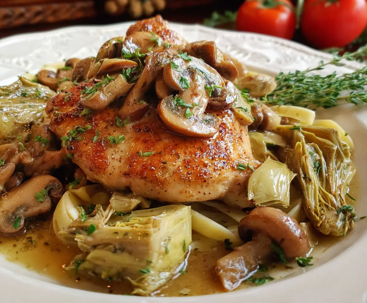 Delicious romantic chicken dish with artichokes and mushrooms served on a elegant plate.