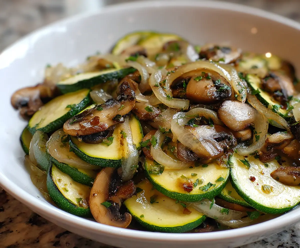 Delicious sautéed zucchini, mushrooms, and onions in a colorful skillet for a healthy side dish.