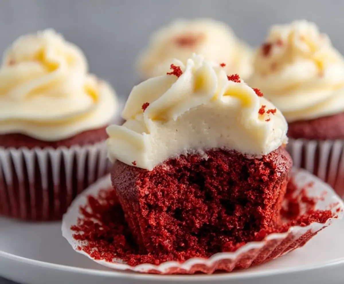 Delicious small batch red velvet cupcakes with cream cheese frosting on a white plate.