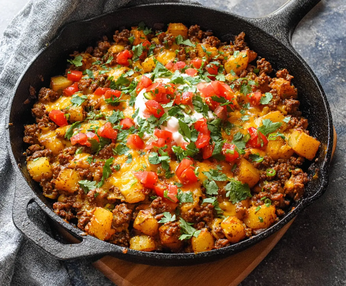 Delicious Southwest Ground Beef and Potato Skillet in a skillet dish with vibrant peppers and spices