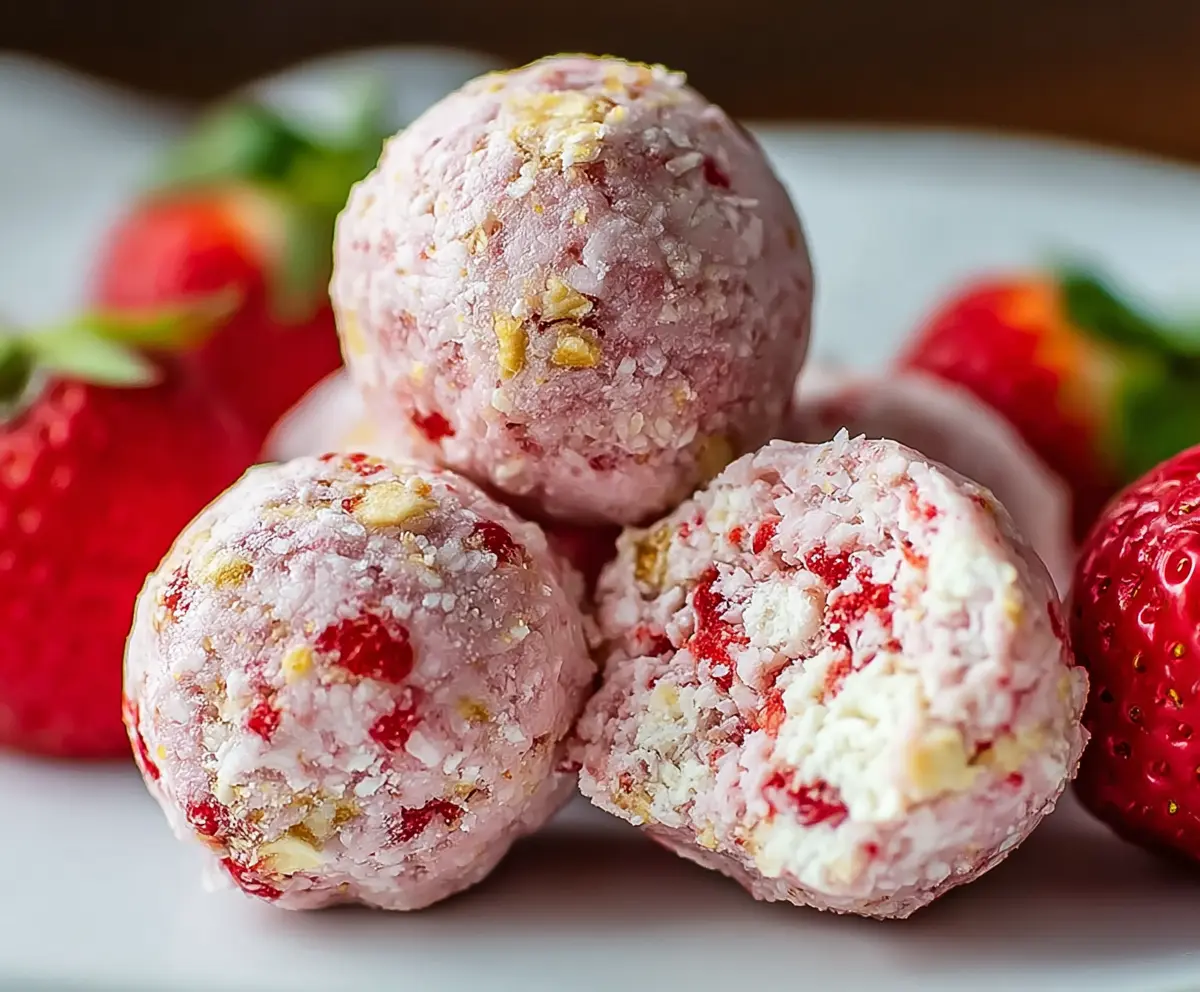 Delicious strawberry cheesecake protein balls made with fresh strawberries and creamy cheese on a white plate.