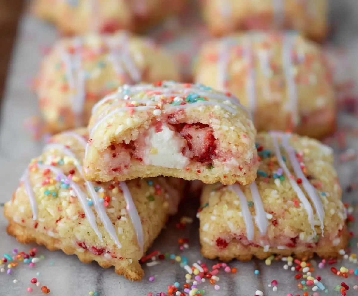 Delicious homemade strawberry Pop Tart cookies with vibrant red strawberries and sweet frosting.