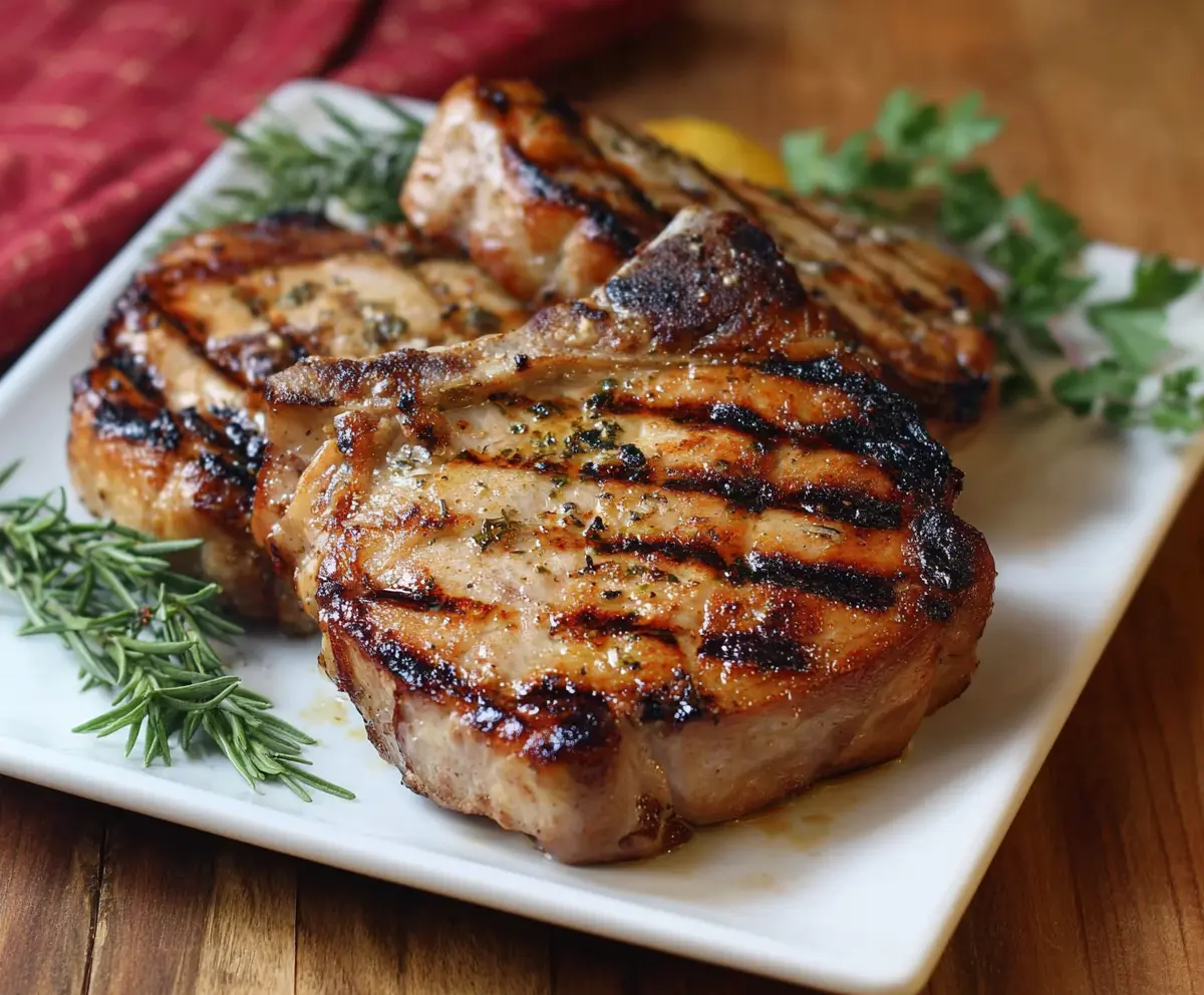 Juicy, grilled Hickory Pork Chops served with smoky flavor and perfect grill marks.
