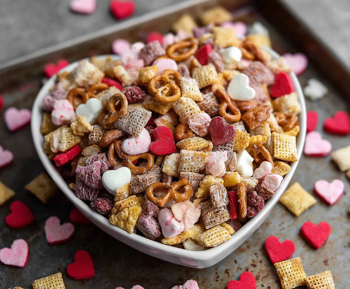 Valentine Chex Mix with colorful candies and heart-shaped sprinkles on a festive platter