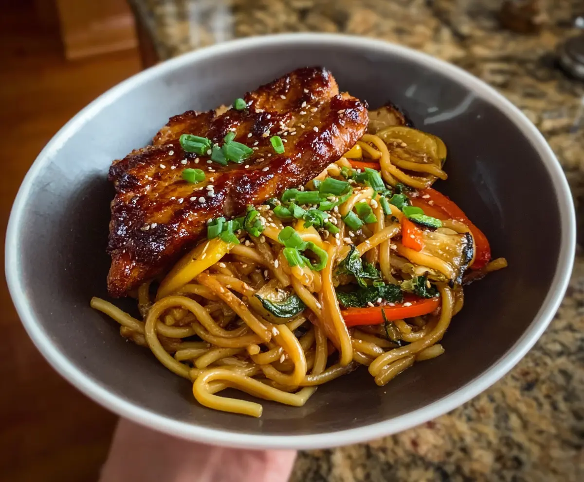 Veggie Udon + Sticky Glazed Pork Chops
