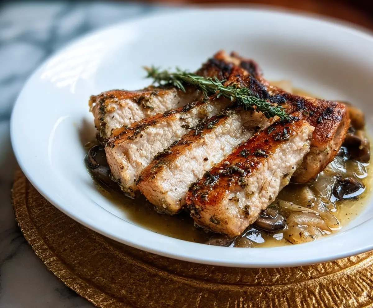 Juicy Whole30 Instant Pot pork chops served with fresh herbs on a rustic plate.