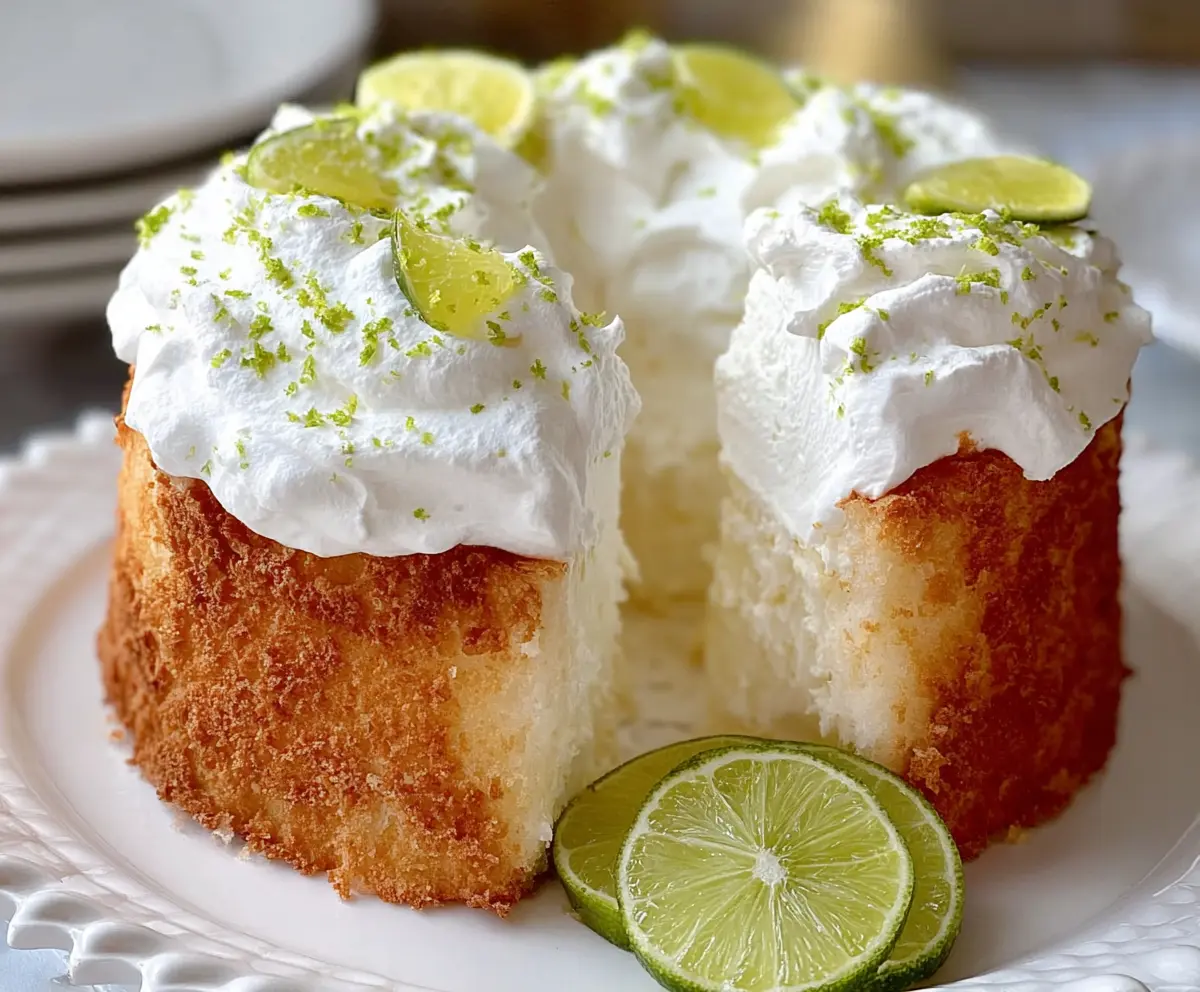 Delicious Key Lime Angel Food Cake topped with fresh lime slices and whipped cream.