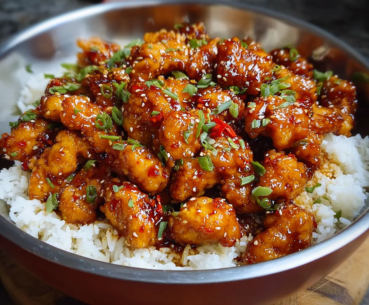 Succulent Chinese Honey Garlic Chicken served with steamed vegetables and rice