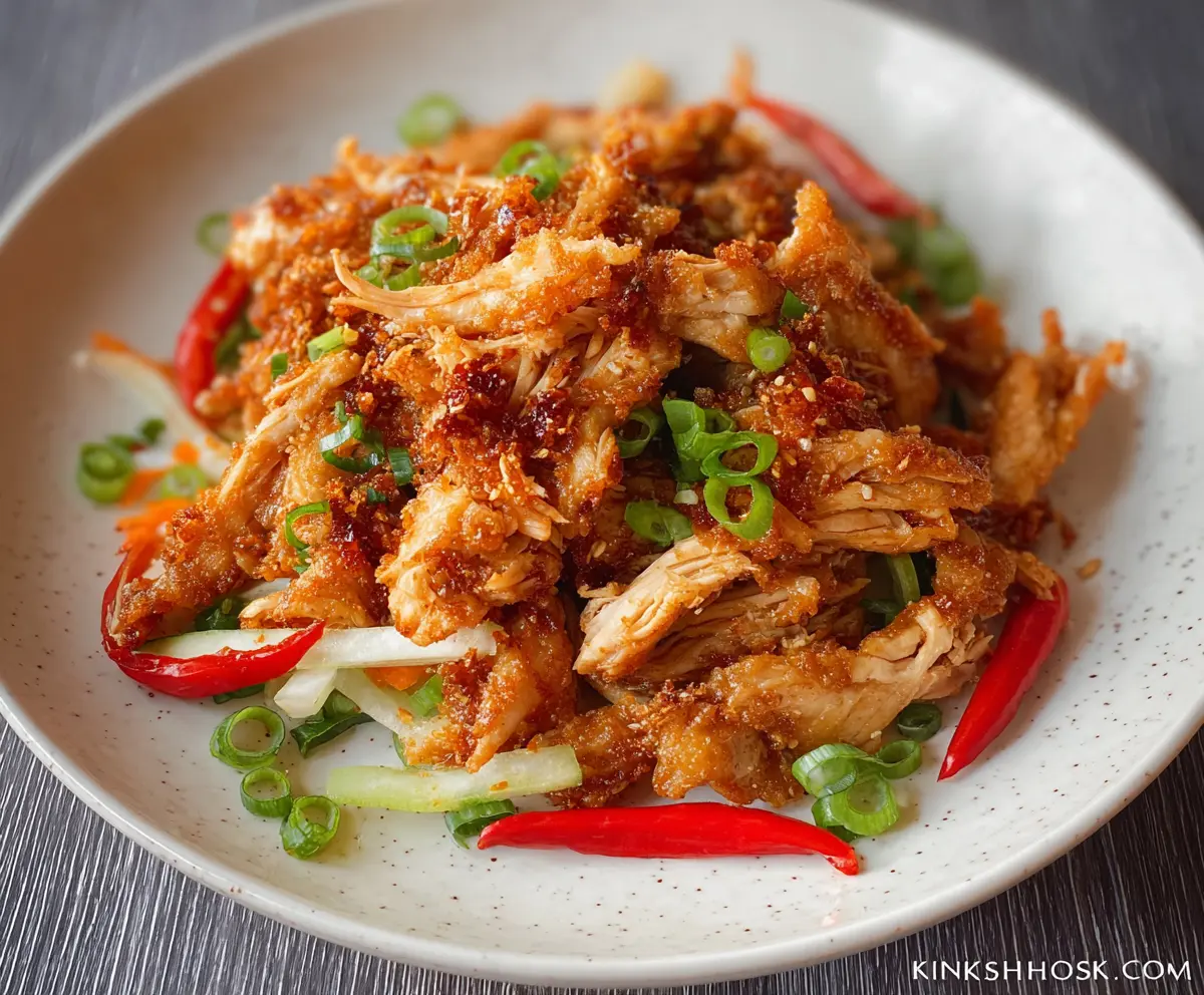 Crispy shredded chicken served with fresh herbs and dipping sauce on a white plate.