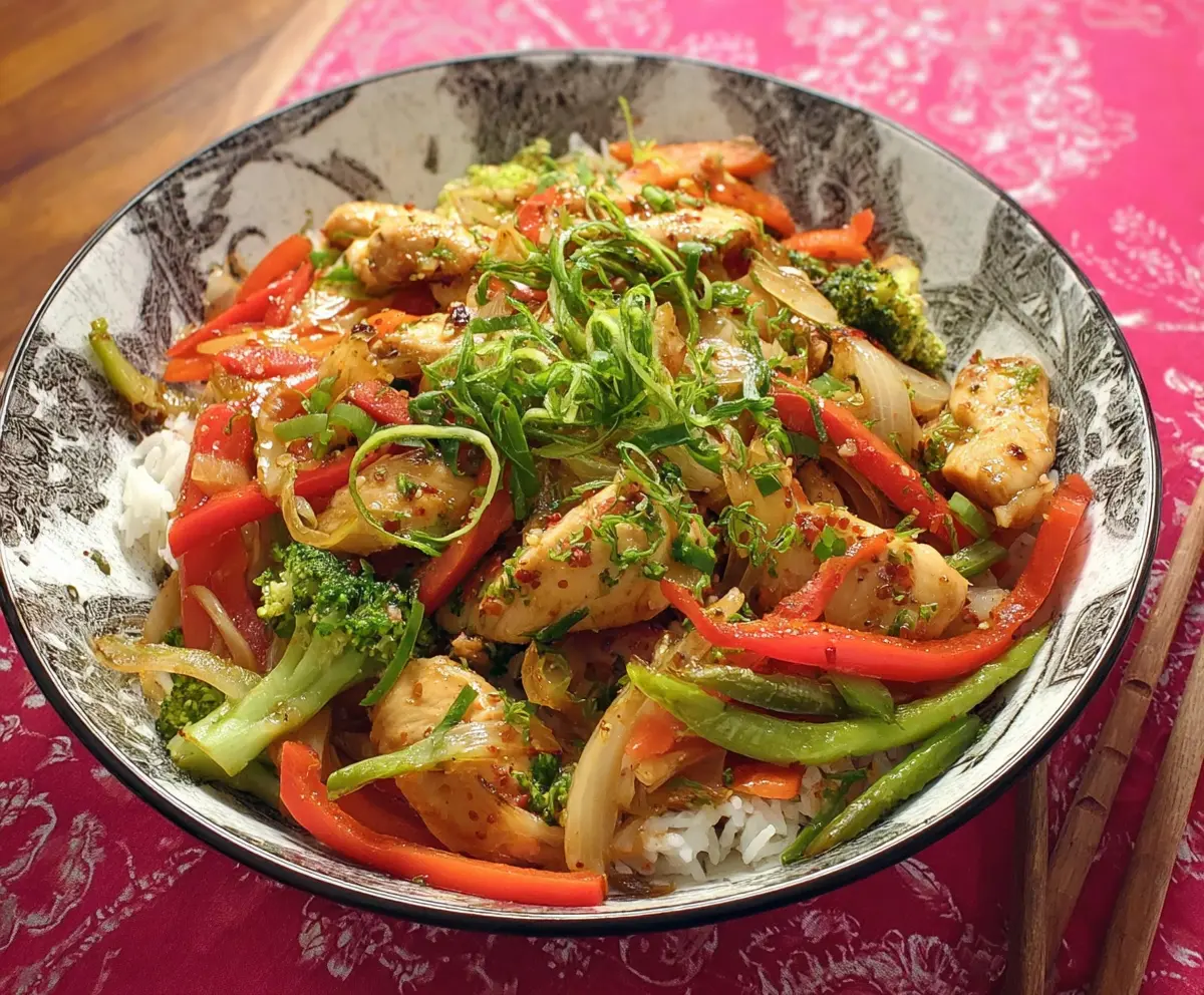 Delicious garlic chicken stir fry with fresh vegetables and savory sauce on a white plate.