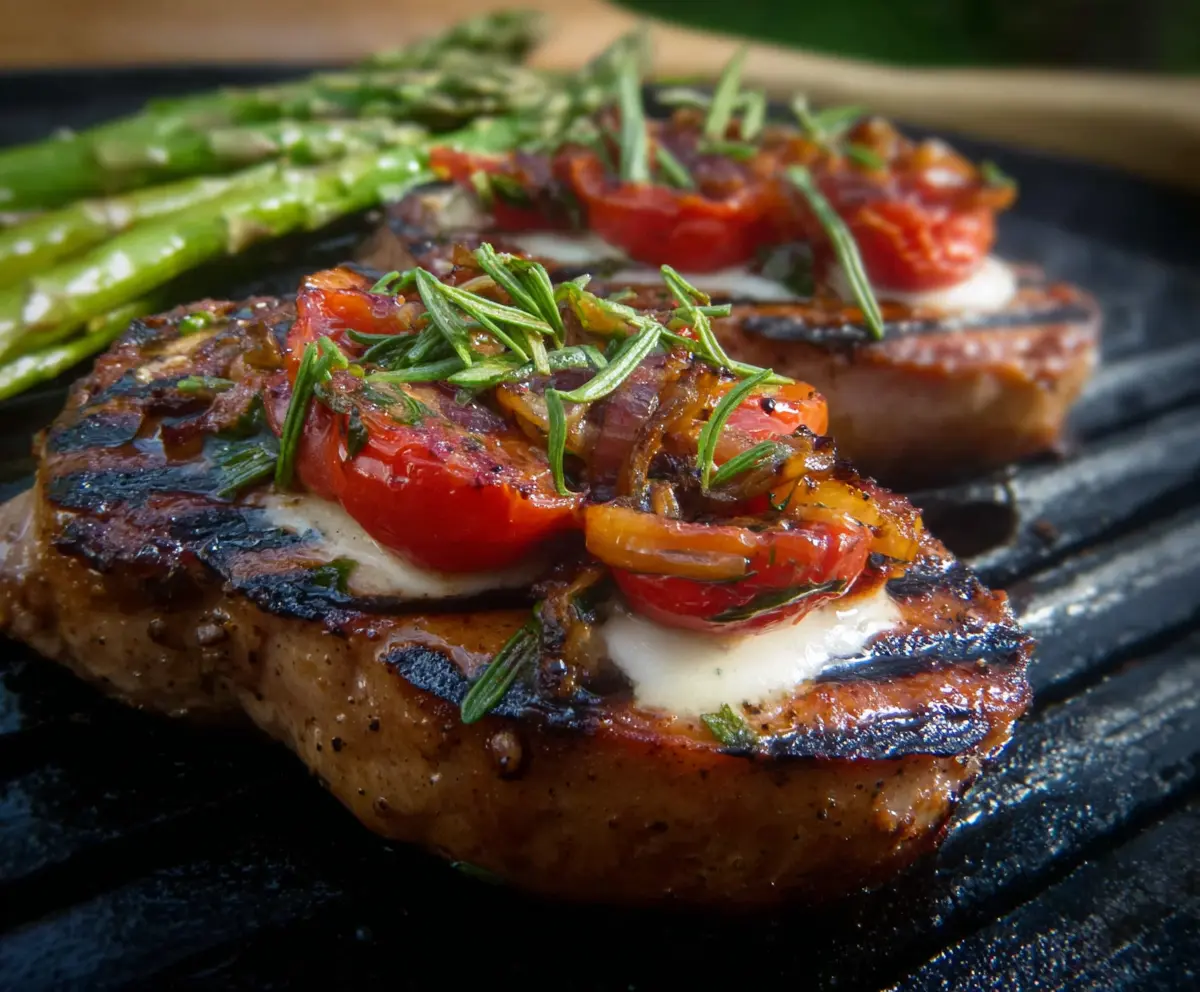 Juicy grilled Italian pork chops with herbs and spices on a sizzling barbecue grill.