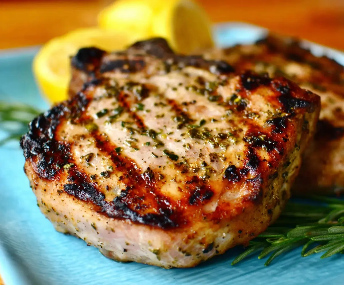 Juicy grilled lemon herb pork chops served on a white plate with fresh herbs.