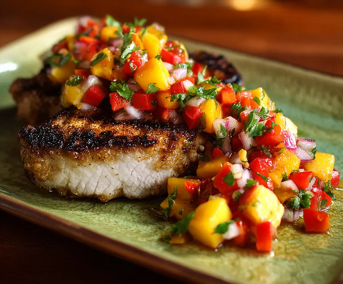 Juicy grilled pork chops topped with vibrant nectarine salsa on a rustic plate.