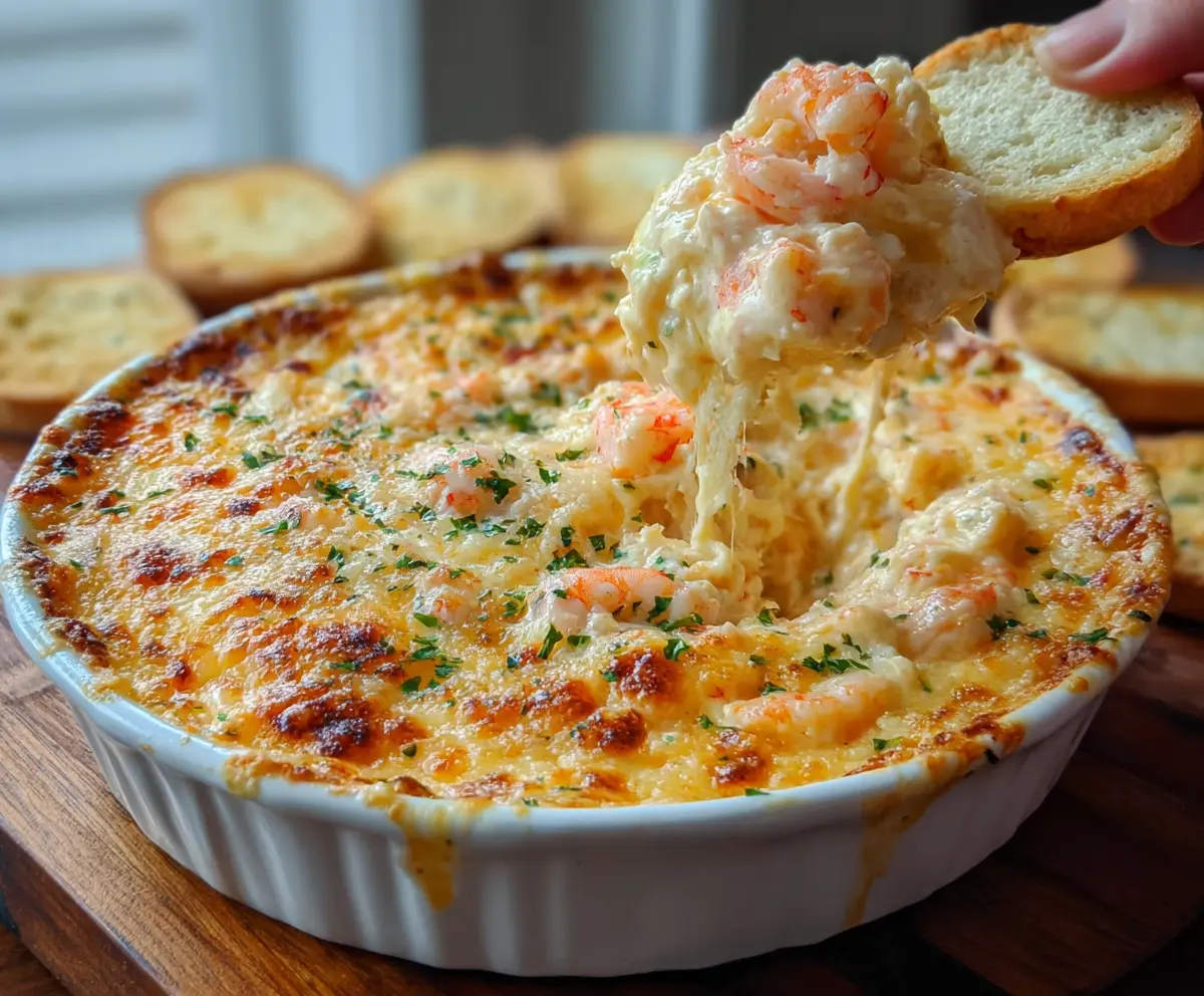 Delicious cheesy shrimp and crab bake dip served hot, perfect for parties and gatherings.
