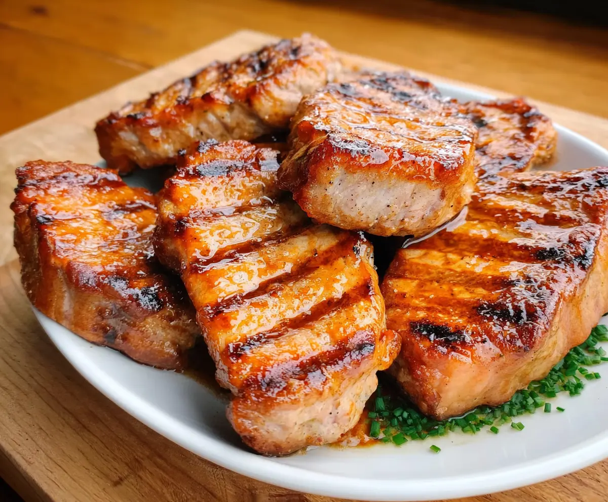 Juicy grilled pork chops plated with herbs and lemon slices on a sizzling barbecue grill.