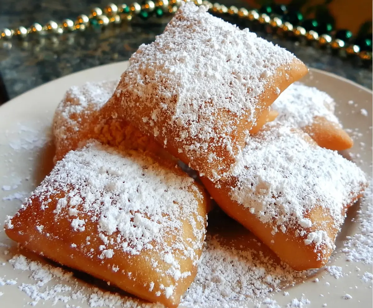 Delicious freshly made New Orleans Beignets dusted with powdered sugar on a rustic plate
