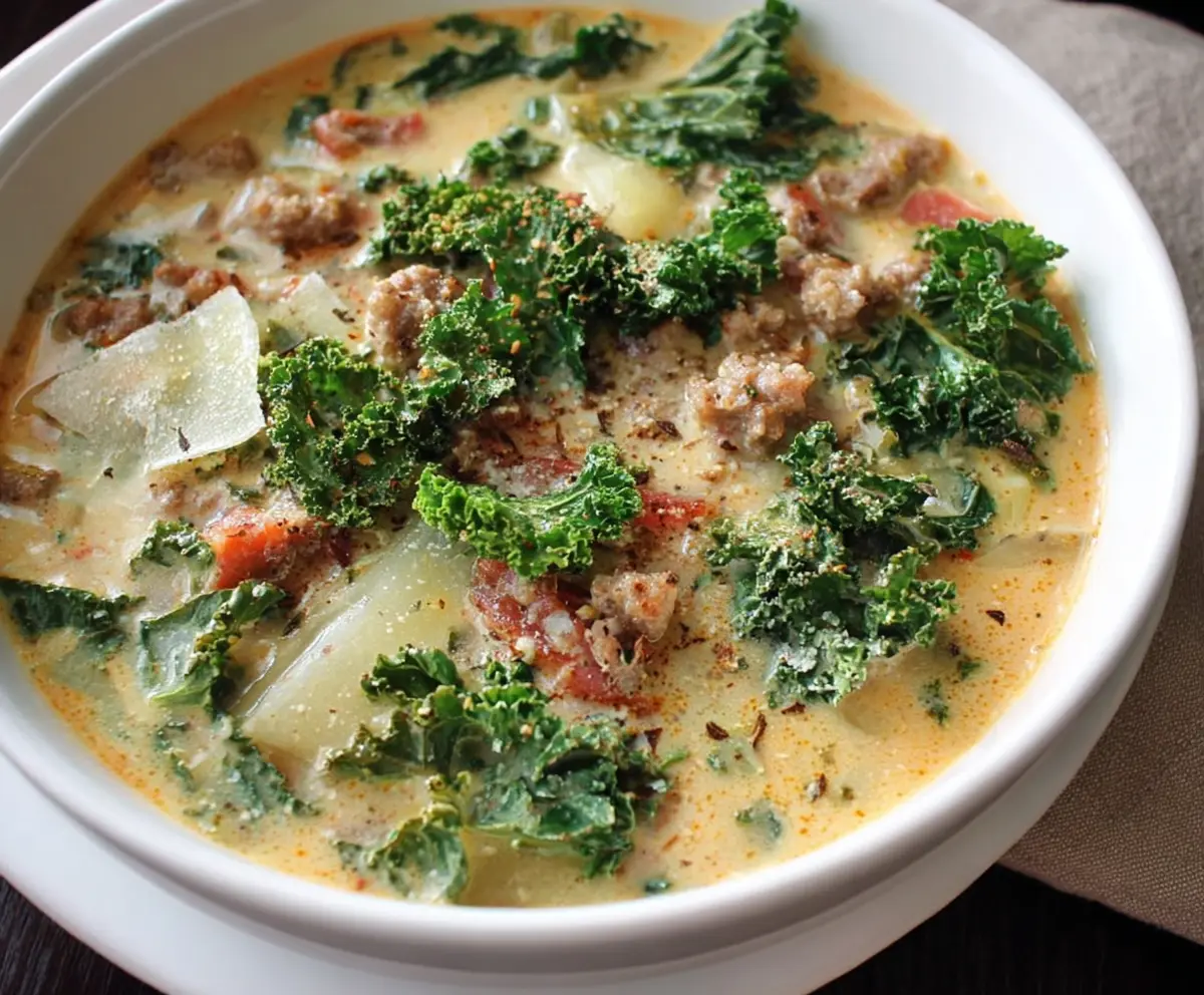 Delicious Paleo Creamy Dreamy Sausage and Kale Soup in a rustic bowl with fresh ingredients.