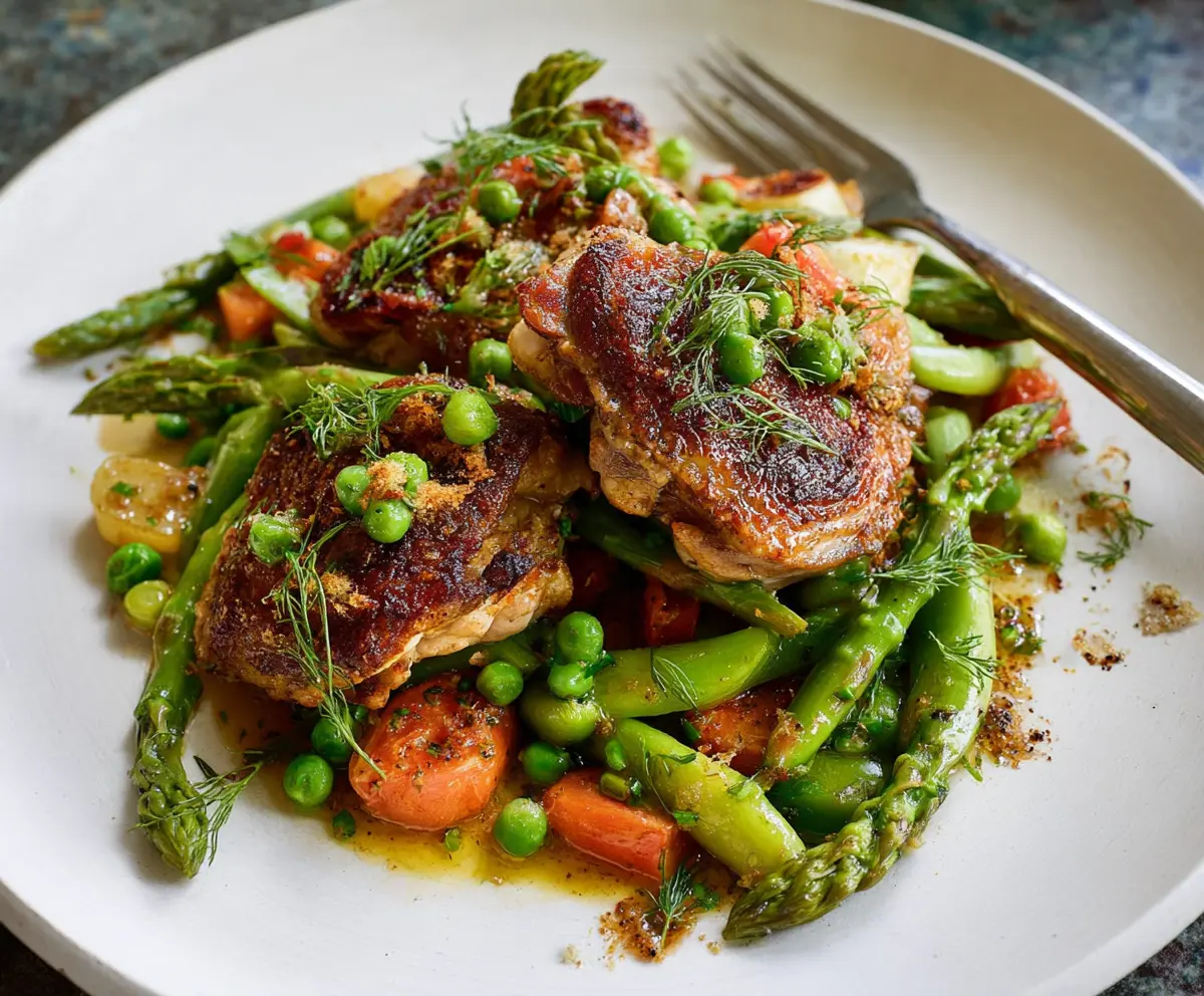 Delicious pan-roasted chicken thighs served with fresh spring vegetables for a healthy and flavorful meal.