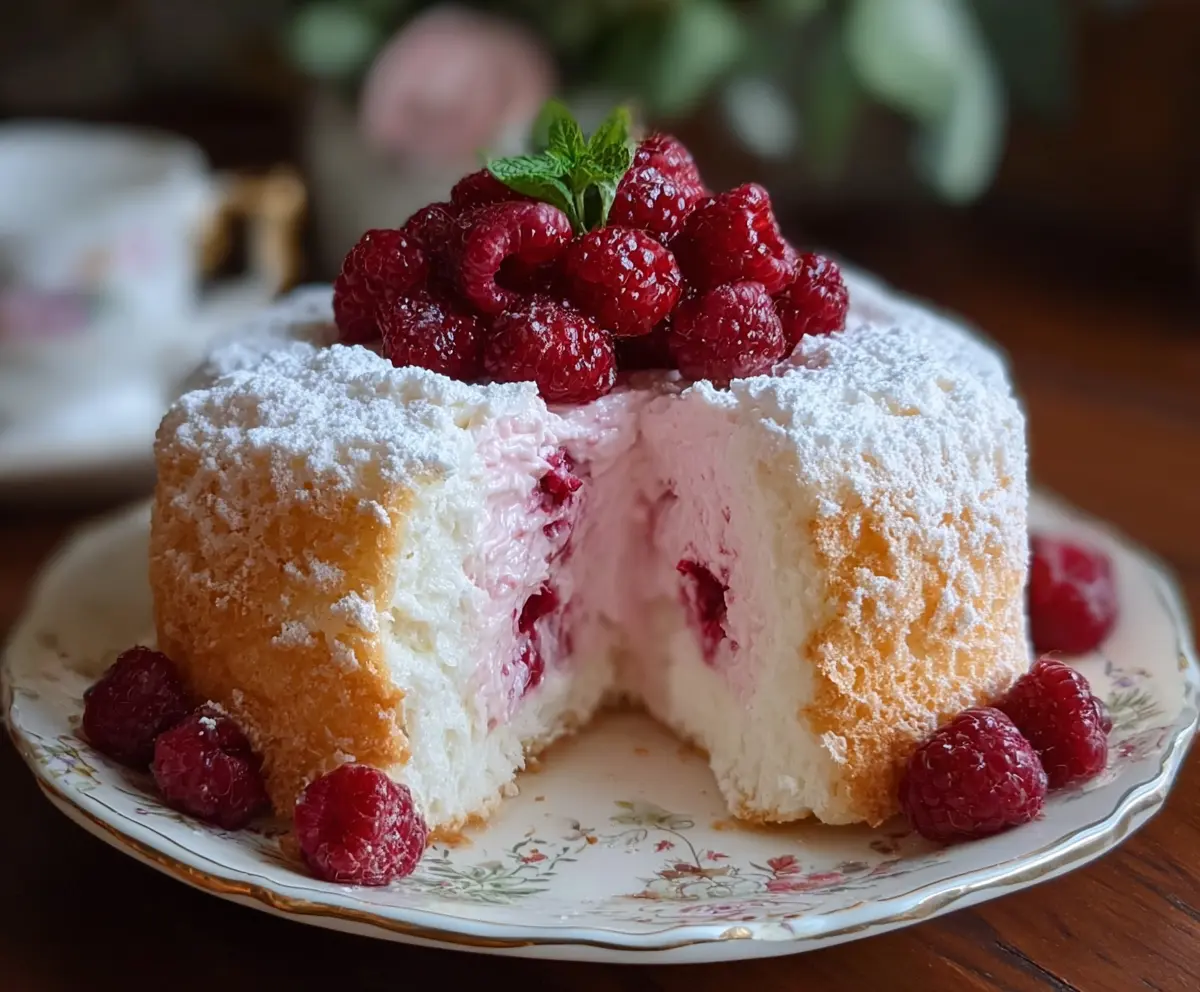 Delicious Raspberry Angel Food Cake topped with fresh raspberries and mint leaves, perfect for summer desserts