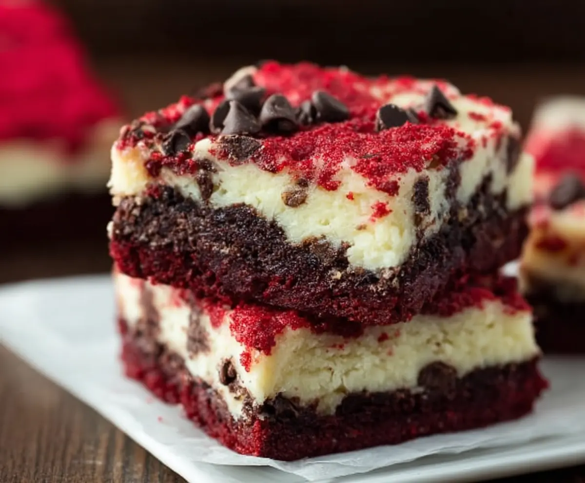 Delicious Red Velvet Cheesecake Bars with Chocolate Chips on a platter