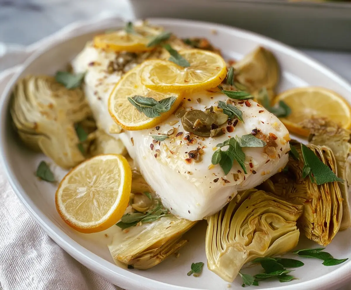 Delicious roasted halibut with artichokes and lemon served on a white plate.