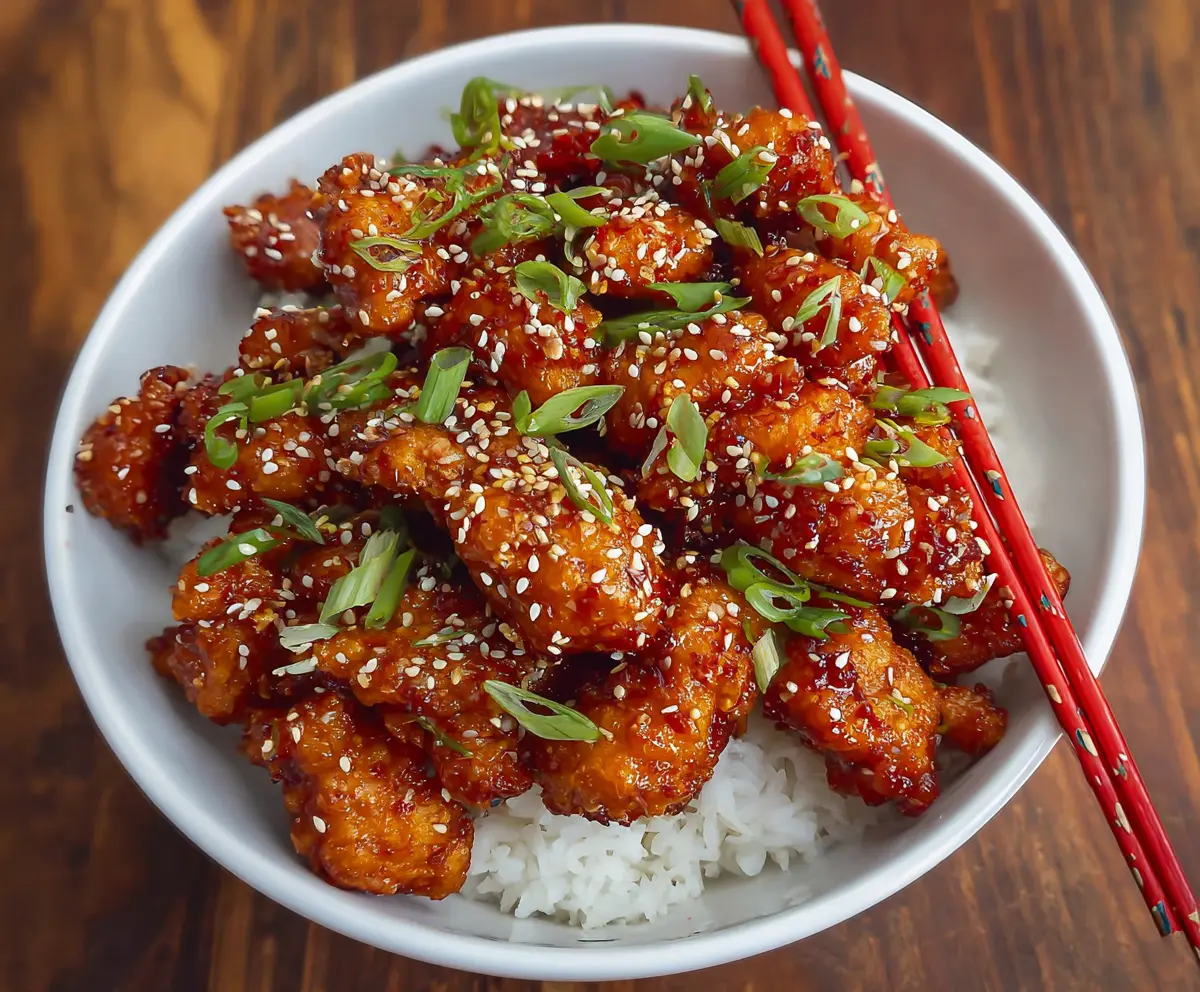 Delicious homemade sesame chicken garnished with sesame seeds and green onions on a white plate.
