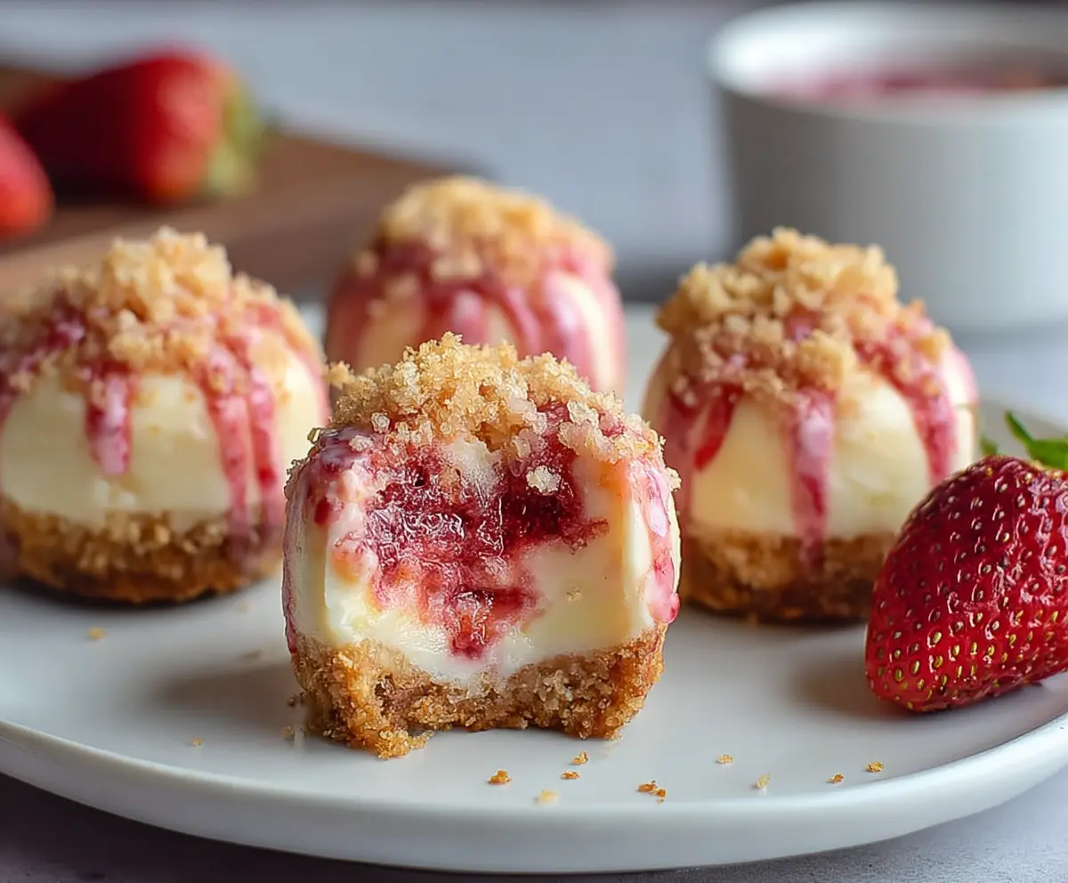 Delicious Strawberry Crunch Cheesecake Bites with creamy filling and crunchy topping, perfect for dessert lovers.