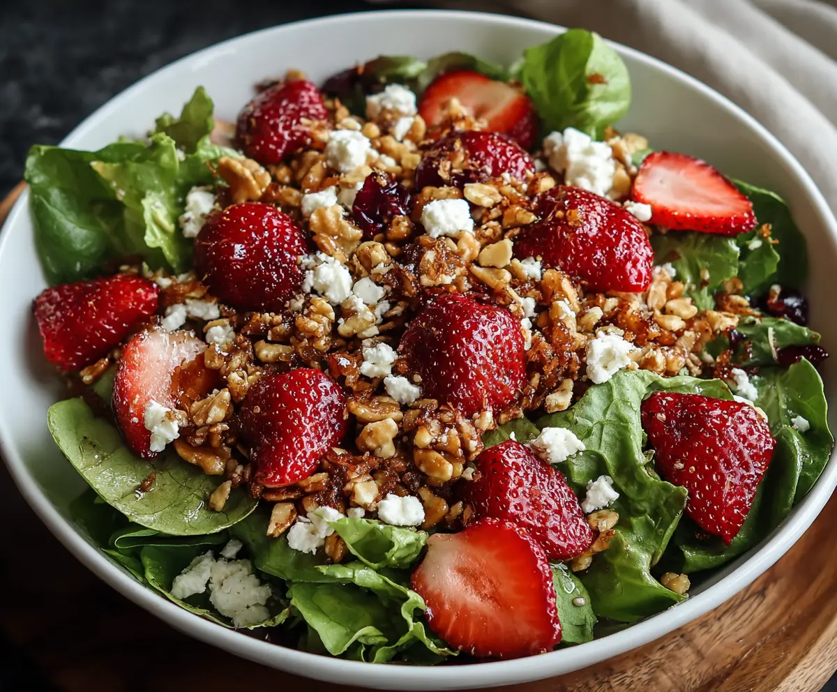 Fresh Strawberry Crunch Salad with crunchy toppings and vibrant berries in a glass bowl