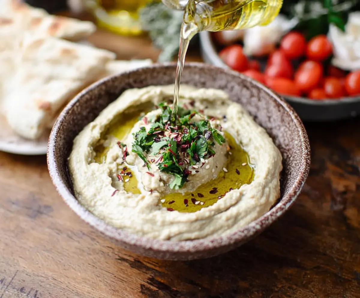 Delicious Baba Ganoush roasted eggplant dip served with fresh vegetables and pita bread.